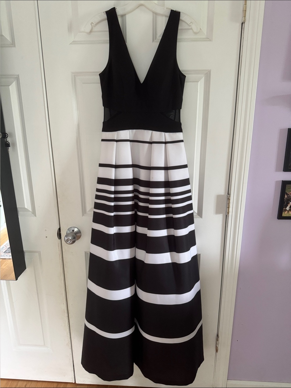 David's Bridal Black and White V-Neck Striped Maxi Gown